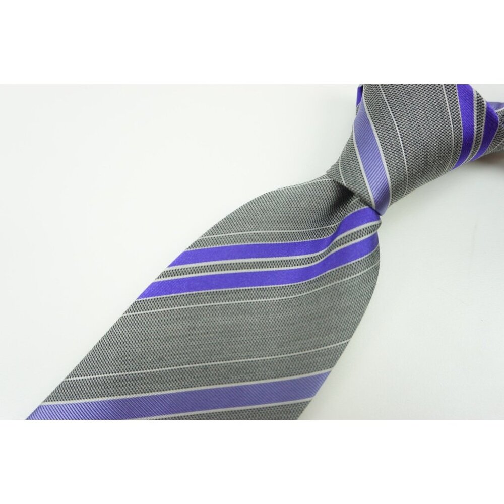 Brioni Woven Gray Mesh Pink Violet Striped 100% Silk Tie BRAND NEW